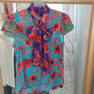 Alice & Olivia Tie-Neck Floral Blouse in Teal and Red